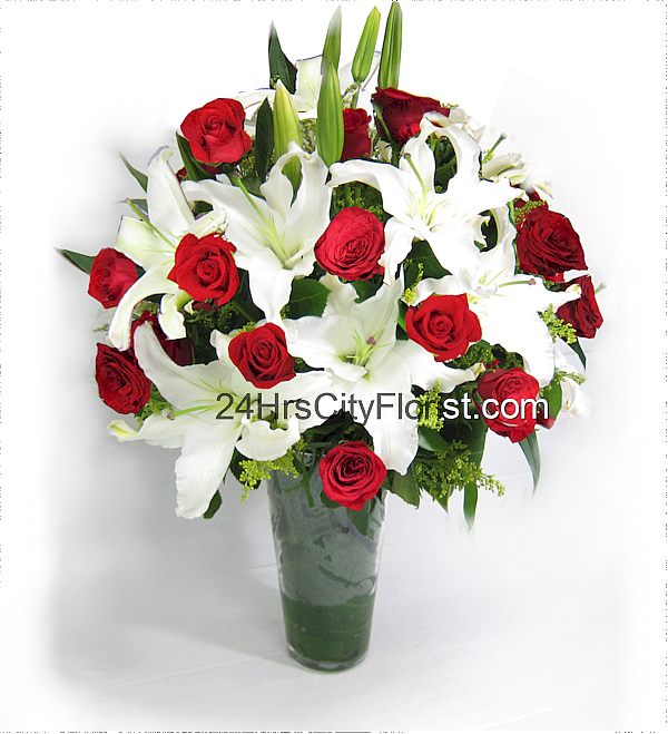 White lily and red rose vase arrangement