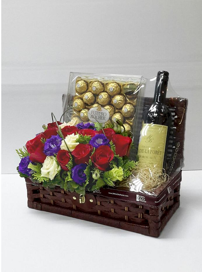 Be Happy - Wine and Chocolate Flower Basket
