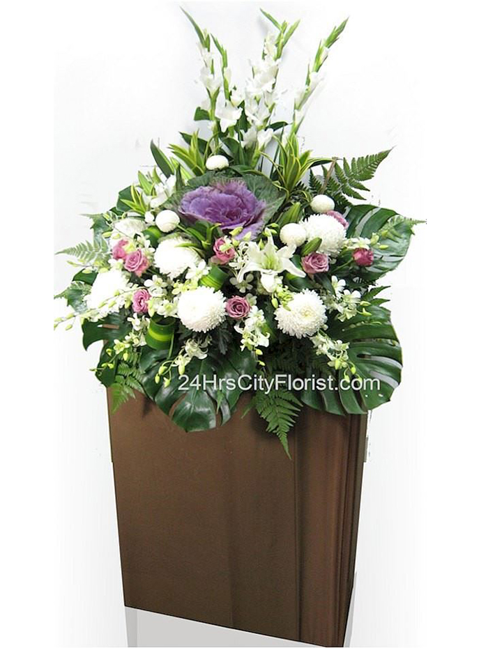 Sympathy flowers -  Majestic brassica, soft lavender roses, white oriental lilies, chrysanthemums, poms -  Flower for Condolence Singapore 