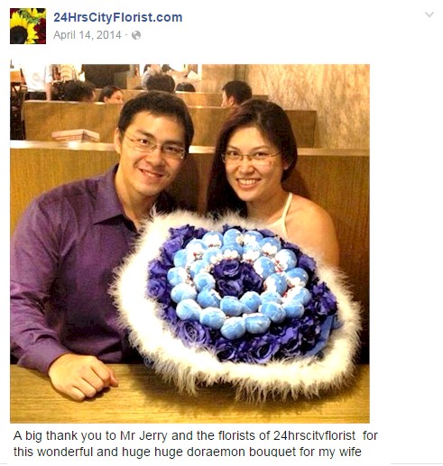 Gilbert & his wife with the Doreamon bouquet by 24hrscityflorist.com