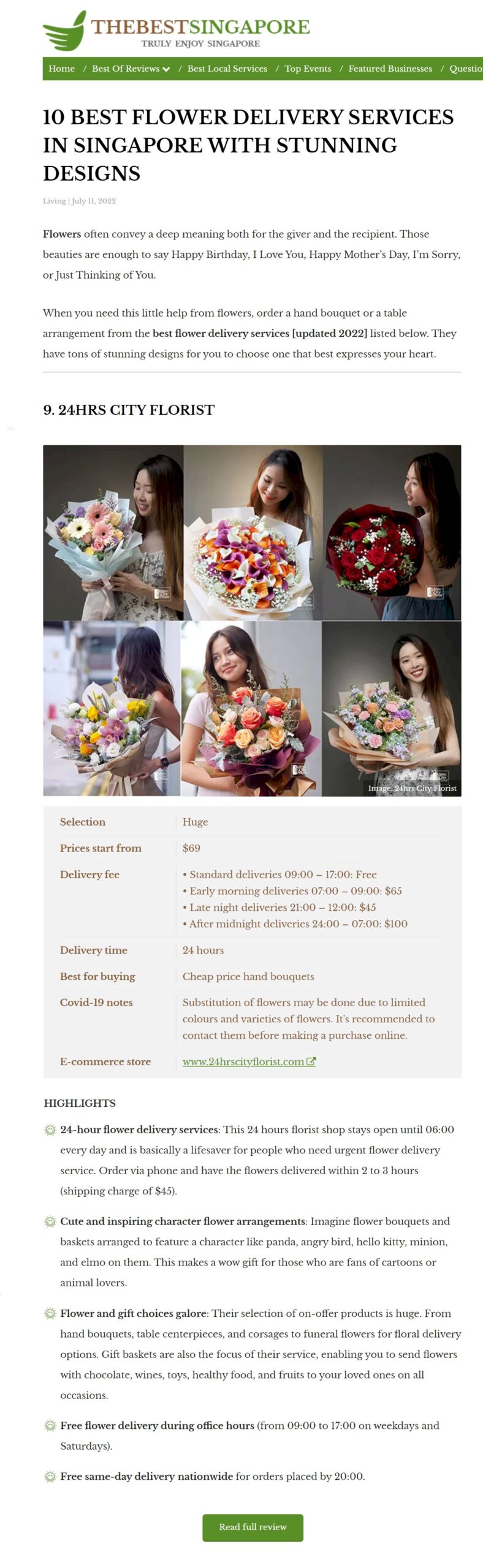 24hrscityflorist voted top 10 flower delivery service in Singapore