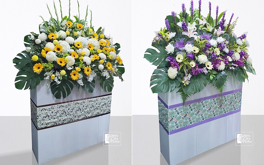 funeral flower stand with different colour scheme