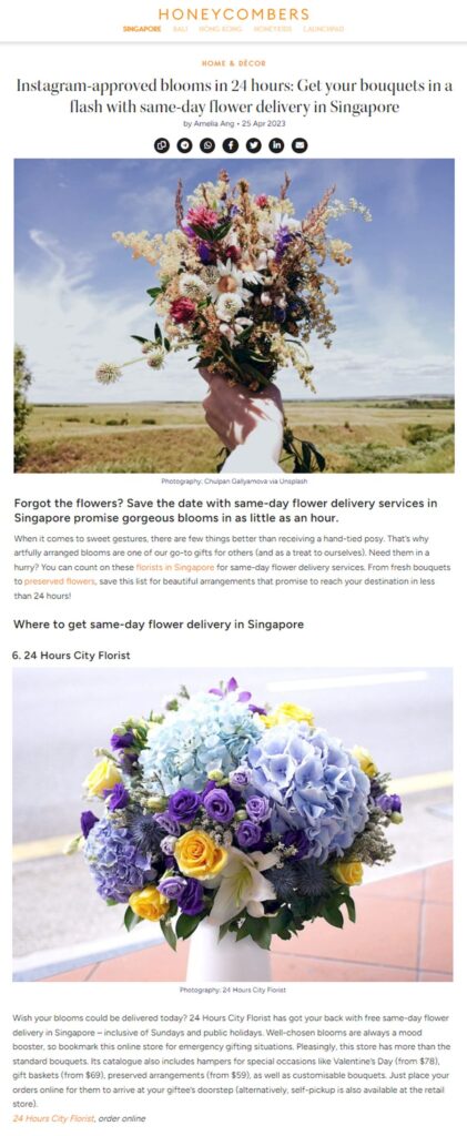 24hrsCityFlorist.com feastured in honeycombers