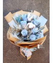Leo Preserved Blue Rose Bouquet -  Pastel Blue Preserved Rose, Cotton Flowers, dried flower -  Preserved Bouquet Singapore