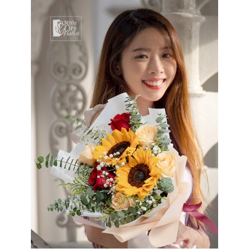 Sunflower Delight - sunflowers arranged with red and champagne roses