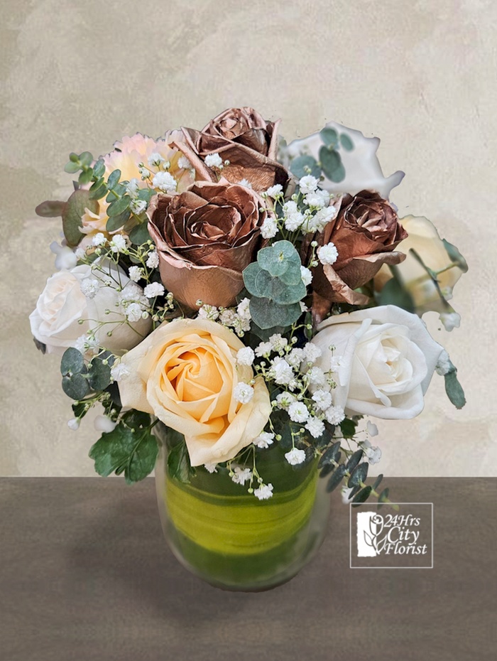 Bronze Rose Surprise - vase arrangement with bronze roses, champagne and ivory roses 