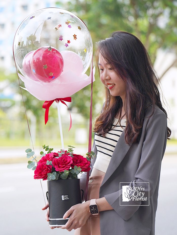 Sparks Fly - flower box  with red roses and balloons - flower box