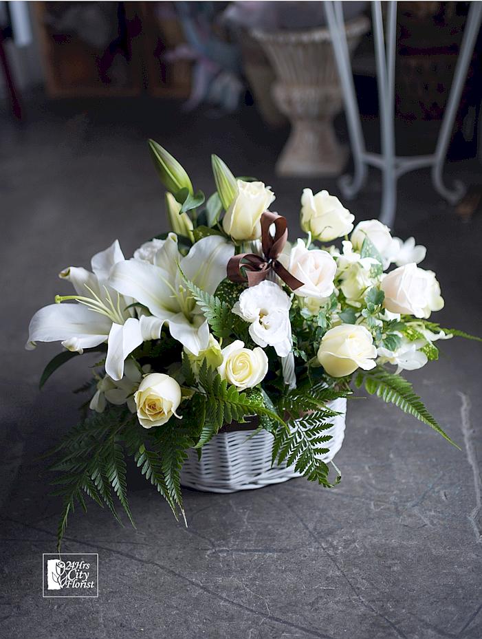 Country Road -  White oriental lily, ivory/champagne rose -  Condolence Flower Delivery Singapore 