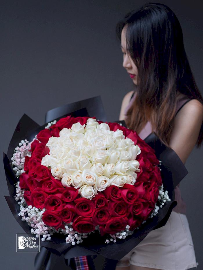 Unity - 99 red and white rose bouquet by 24Hrs City Florist