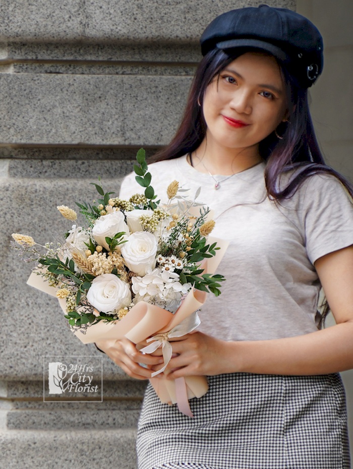 My Girl - White Preserved Rose Bouquet -  Preserved Flower Bouquet Singapore