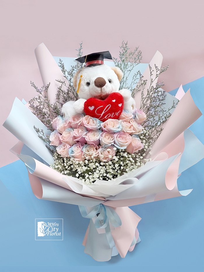 Graduation Paddle Pop Rose -  Coloured Roses,Graduation Bear With Heart -  Graduation Flower Bouquet Singapore