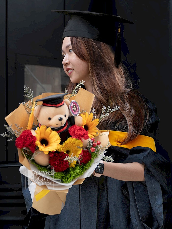 Grad Bloom Bear - Graduation flower bouquet with Bear - 24Hrs City Florist