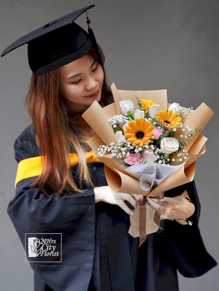 Graduating Eeyore Bouquet - Mini Eeyore,Sunflower,Gerberas  -  Singapore Graduation Flowers