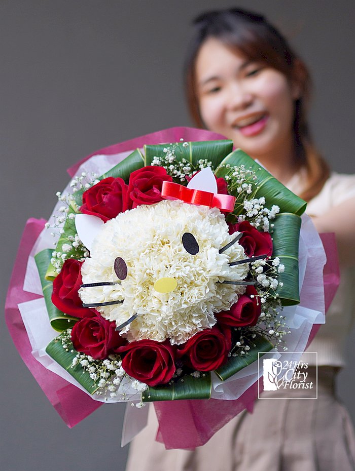 Hello Kitty Bouquet Arranged With Carnations And Roses - 24Hrs City Florist