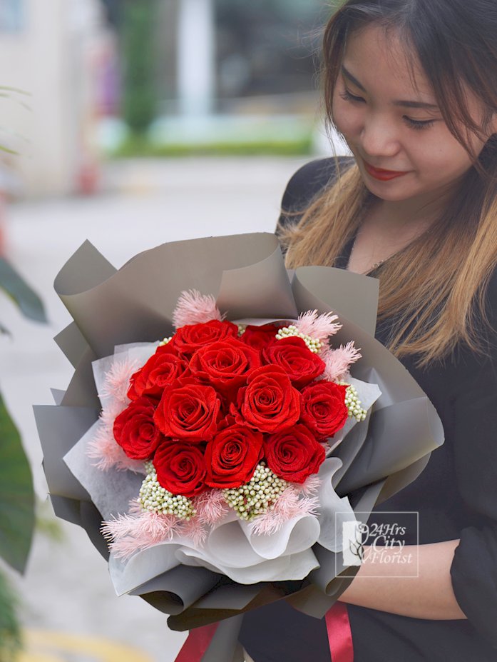 Preserved Rose Flower Bouquet - Bright Red Preserved Rose - Preserved Flower Bouquet Singapore