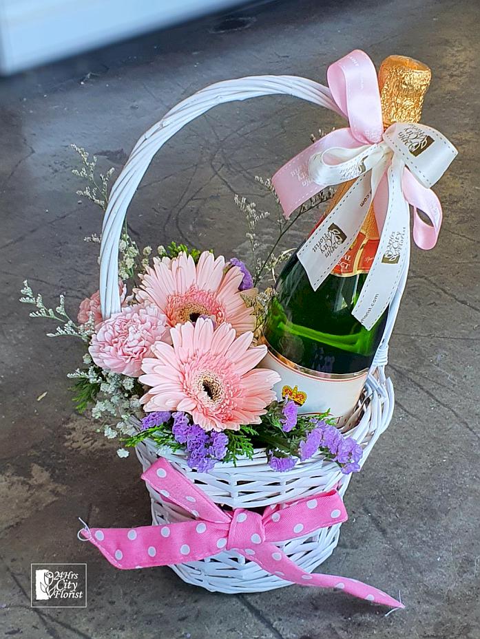 sparkling basket - flower basket with champagne bottle - gift basket
