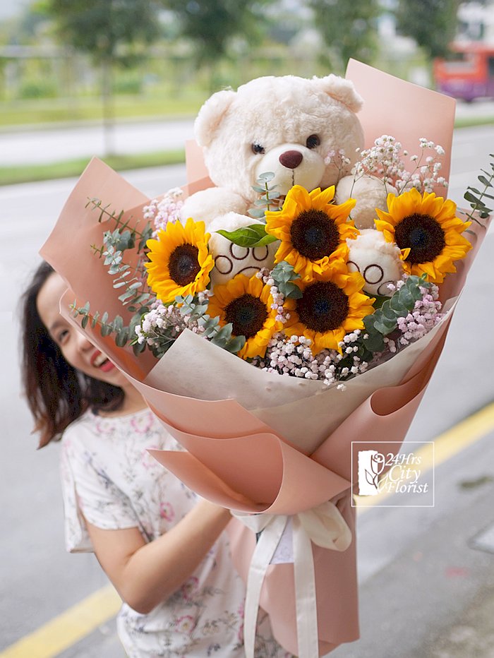 Sunny Bear -   Big Bear,Sunny Sunflowers,Coloured Baby’s Breath - Singapore Graduation Bouquet