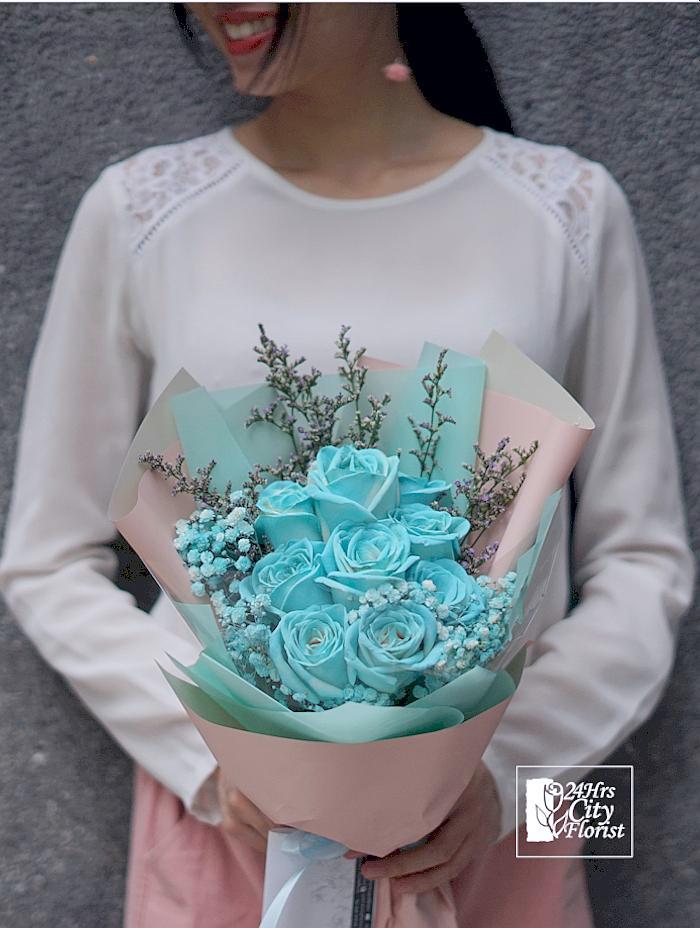 Tiffany Blue Rose Bouquet , 9 stalks blueish green rose blooms - 24hrs City Florist