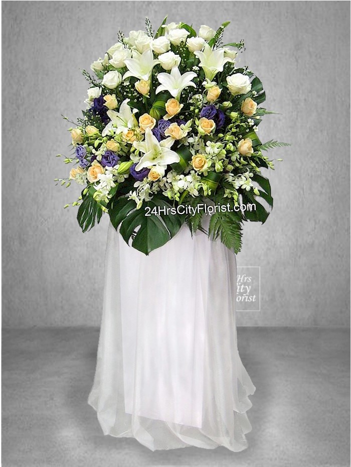 Rose Tribute - Cream and champagne roses, oriental white lilies, dendrobium orchids - Flower for Condolence 
