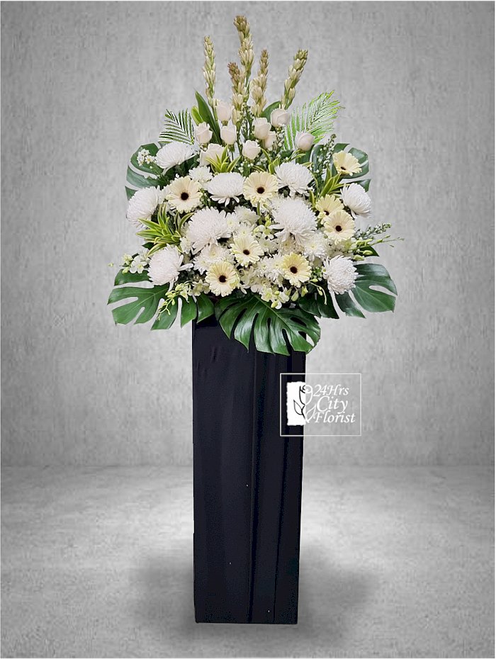 All peaceful -  White roses, tuberose, gerbera, chrysanthemum, poms -  Singapore Condolence Flowers