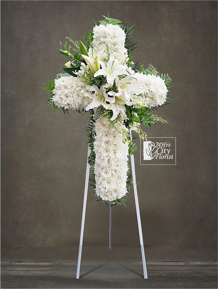 Condolence Cross Pom -  Poms flower, white lilies -  Condolence flower delivery 