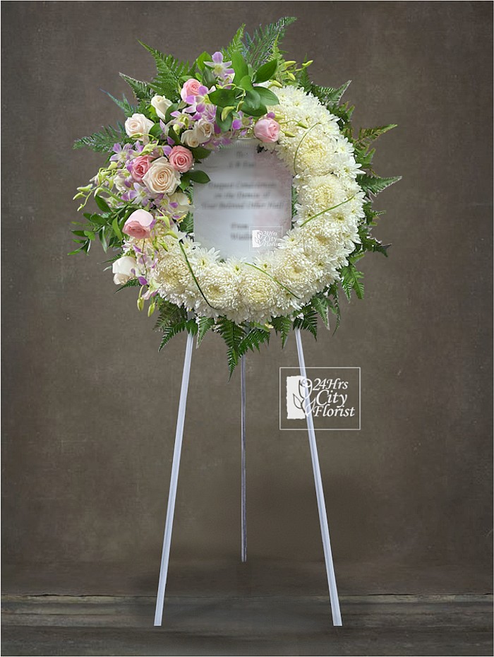 Wreath Flower -  White poms, pink roses, dendrobium orchids -  Funeral Wreath Flower Singapore