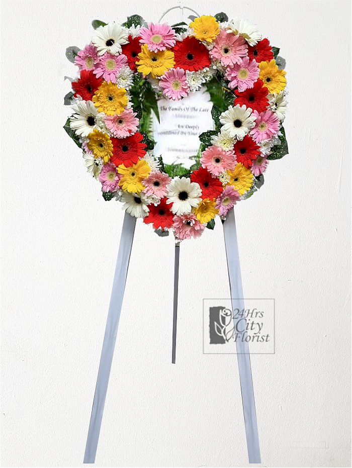 Heart Shape Condolences Stand -  Daises, gerberas, poms  Funeral Wreath Singapore 