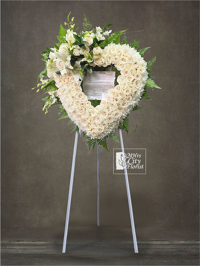 Heart Shaped Rose Wreath -  Ivory roses, whitle lilies, orchids, poms -  Condolence Flowers 