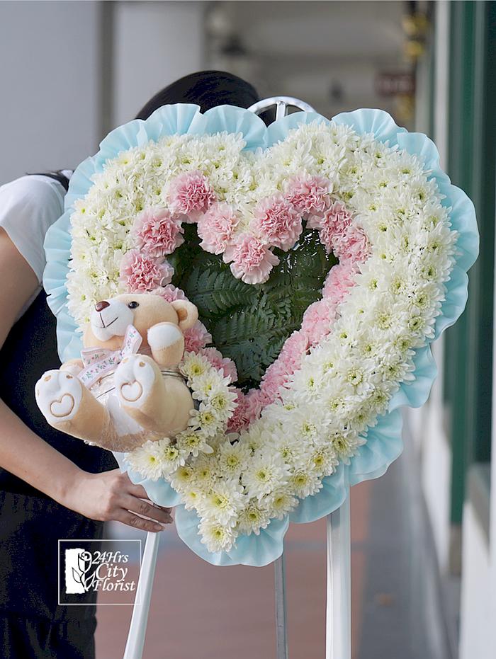Heart Wreath With Bear - heart wreath for funeral -  Chrysanthemoms, pink carnations -  Singapore Condolence Wreath 