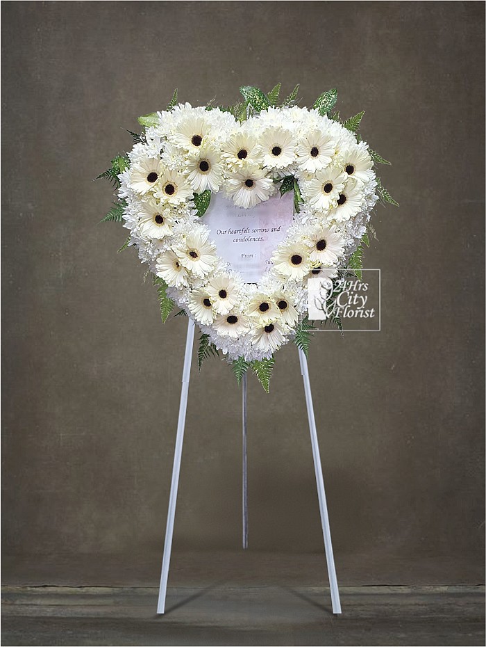Heart Shaped Wreath -  Ivory gerbera daisies, ivory cream gerberas, poms with greens -  Singapore Condolence Wreath 