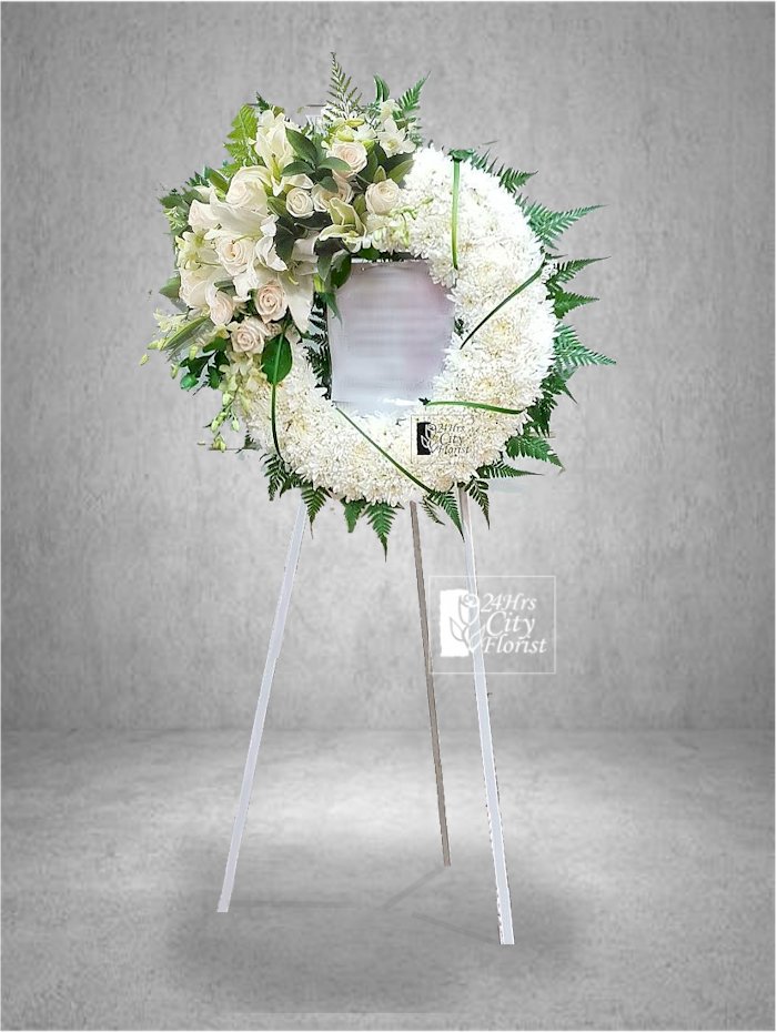 Memoral Flowers -  White poms, white orieantal lilies, ivory roses, dendrobium orchids -  Condolence Flowers 