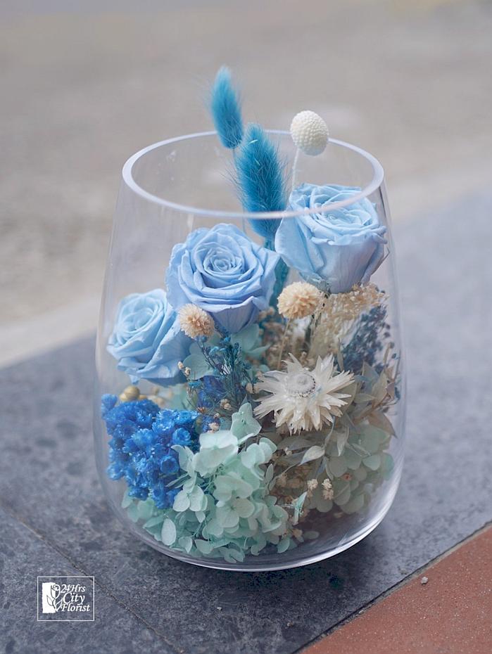Cabin Blue -  Blue Preserved Roses,Glass Vase -  Singapore Preserved Flowers