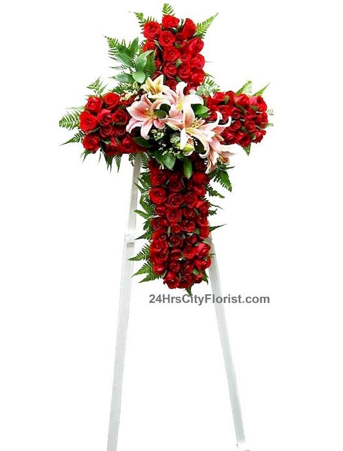 Condolence Cross Rose -  Red roses, pink or white lilies -  Singapore Condolence Flowers 