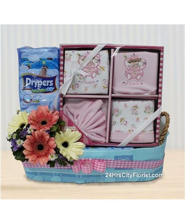 baby gift hamper with flowers